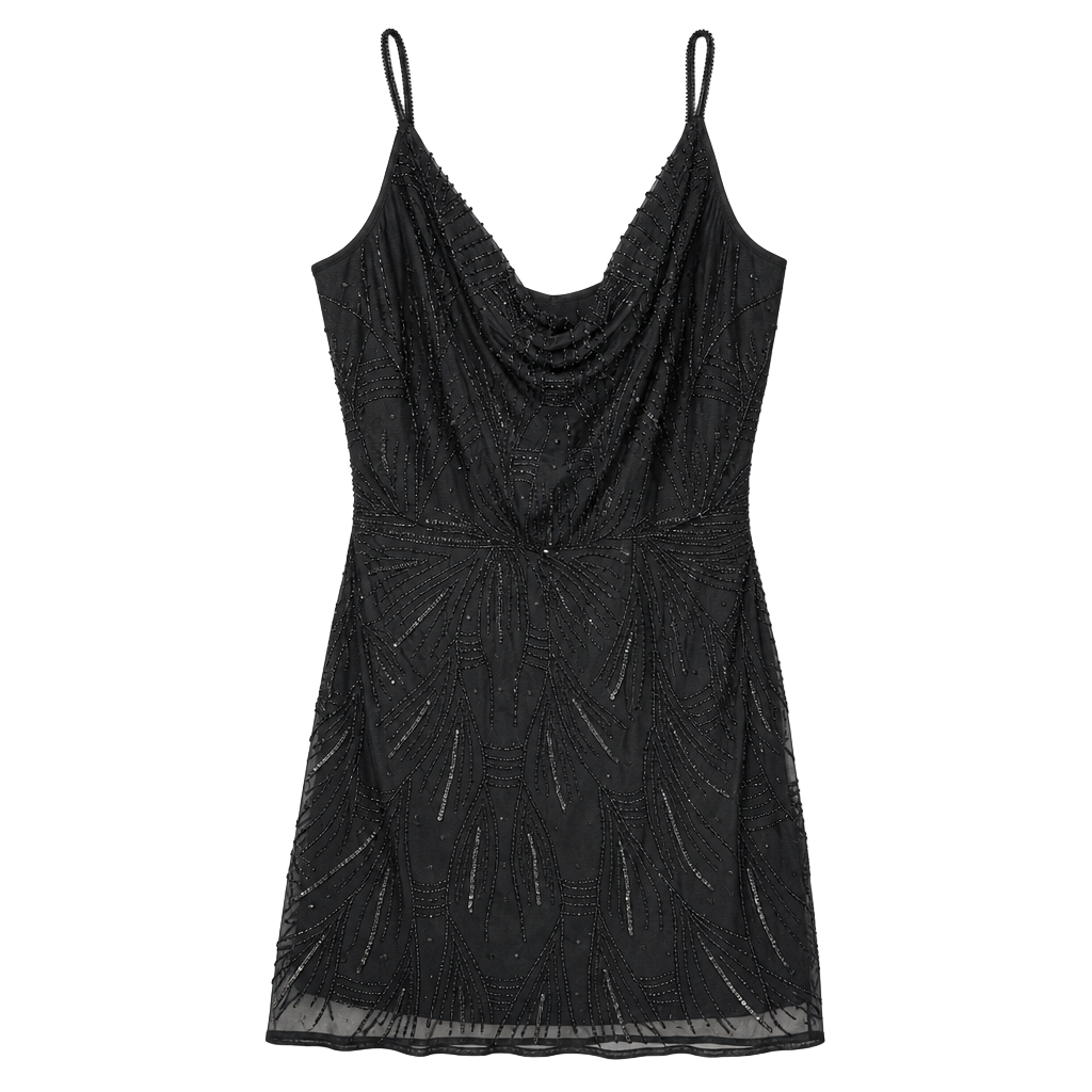 Altar'd State Black Beaded Art Deco Mini Dress with Cowl Neck 1