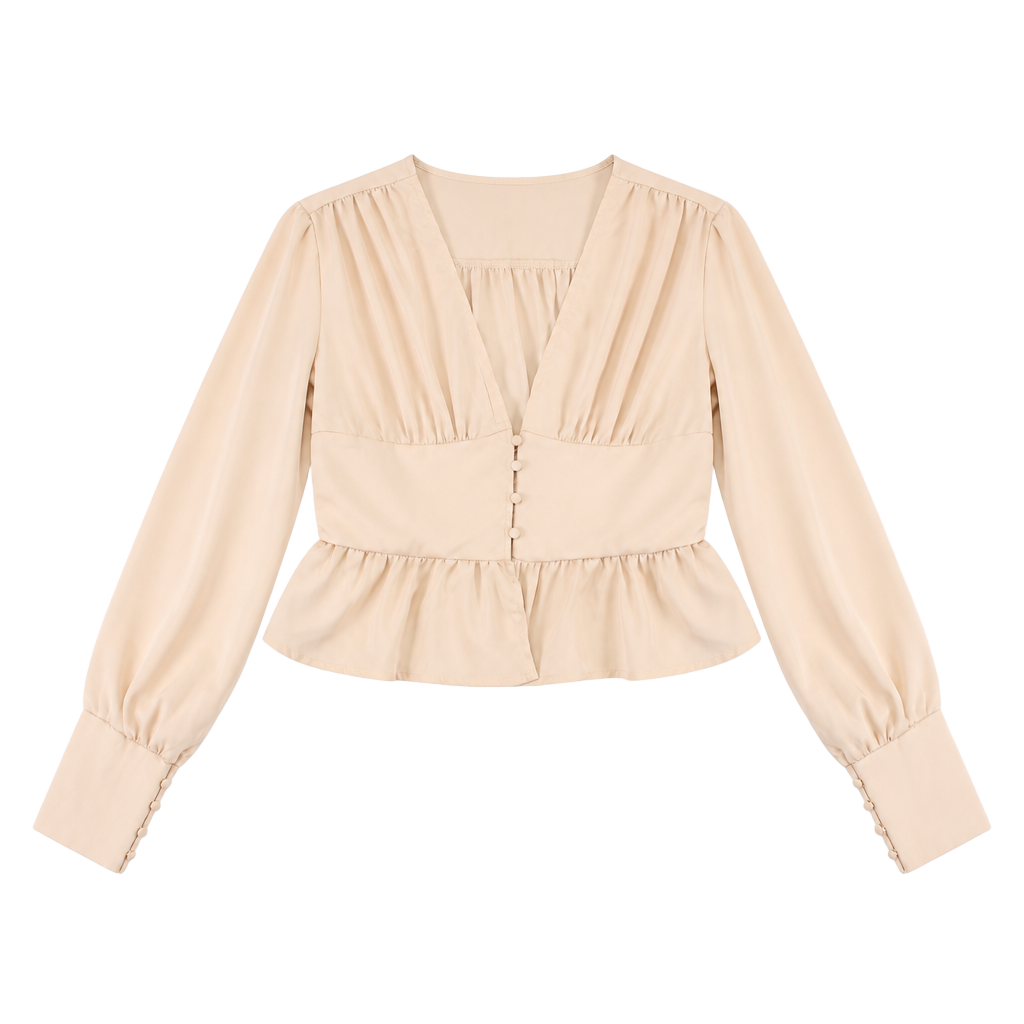 Mundefels Women's V-Neck Long Sleeve Button-Front Ruffle Peplum Top Beige 1