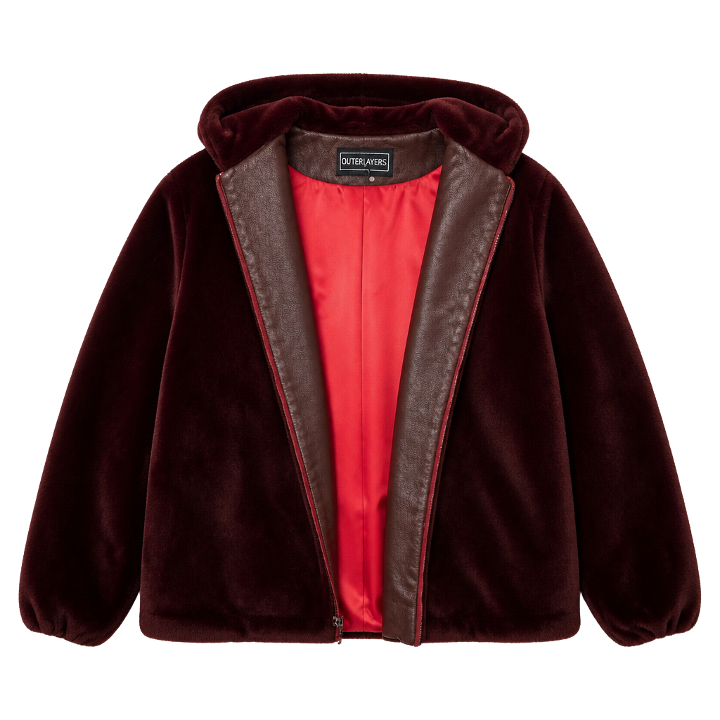 Vintage Outerlayers Burgundy Faux Fur Hooded Zip-Up Jacket 1