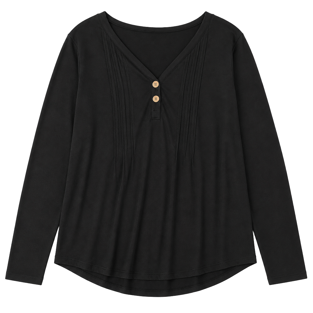 LONGYUAN V-Neck Long Sleeve Tunic Size XL Black Pleated Button Decor 1