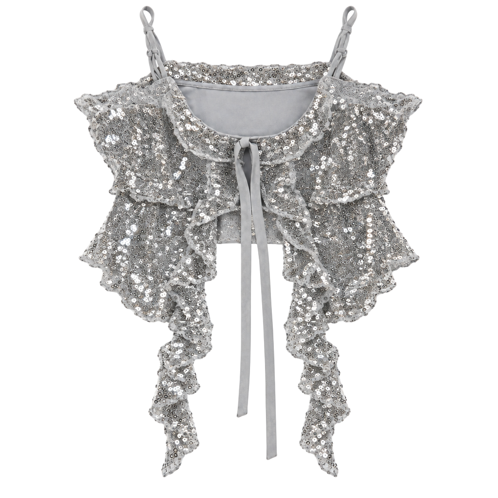 No Boundaries Sequin Tie Front Crop Top Size XS 0-2 Silver 1