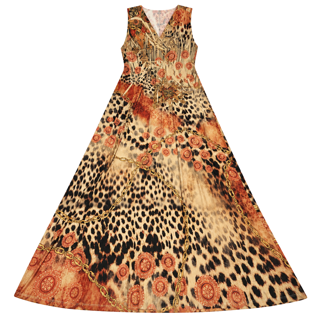 Unbranded Animal Print Maxi Dress V-Neck Sleeveless Gold Chain 1