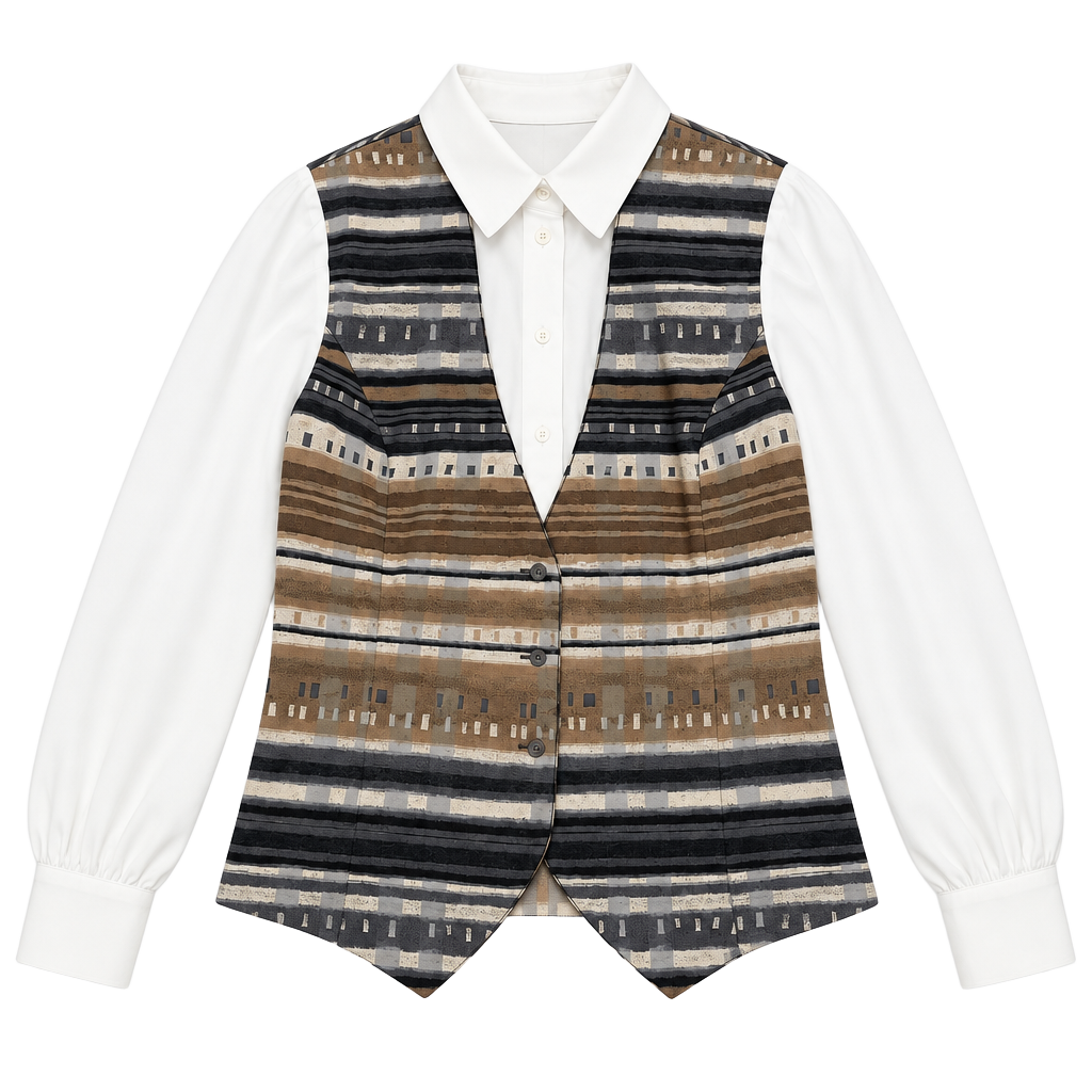 Alia Petites Blouse Size S Mock Vest Layered Stripe Shirt Brown White 1