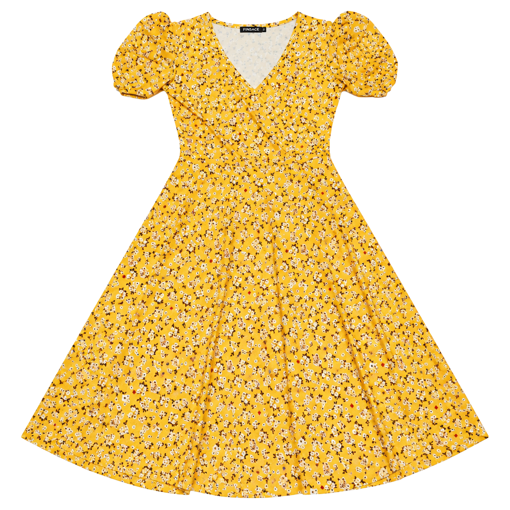 Fensace Floral Dress Size S Yellow Wrap V-Neck Short Sleeve 1
