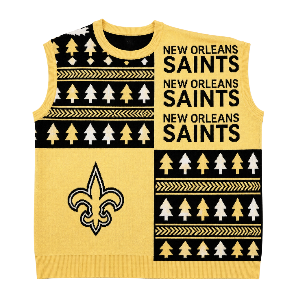 NFL Team Apparel New Orleans Saints Men's V-Neck Ugly Christmas Sweater Vest 1