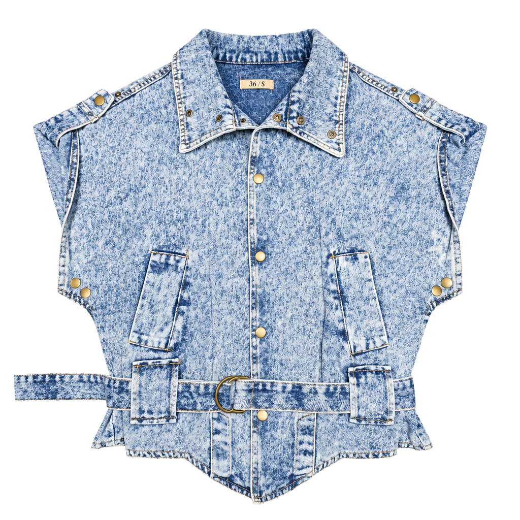 36Point5 Acid Wash Denim Vest Size S Belted Studded Sleeveless Jacket 1