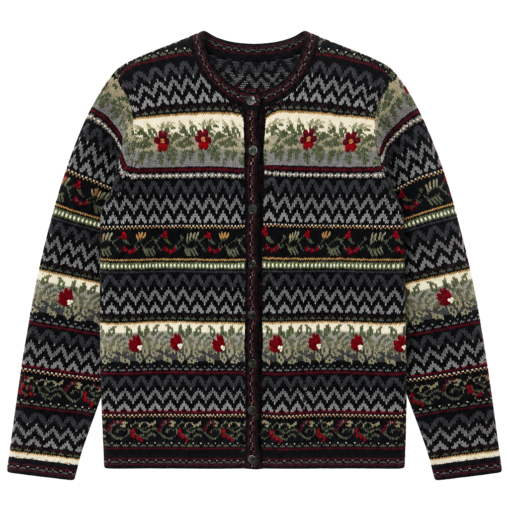 Talbots Cardigan Sweater Size L Black Grandma Floral Embroidered Silk Blend 1