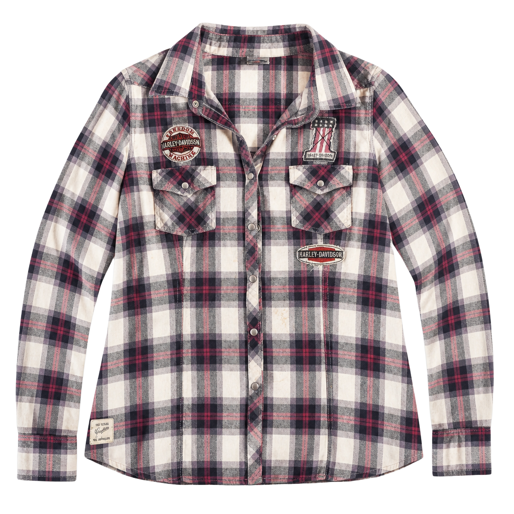 Harley-Davidson Women's Plaid Long Sleeve Snap Shirt with Patches XL 1
