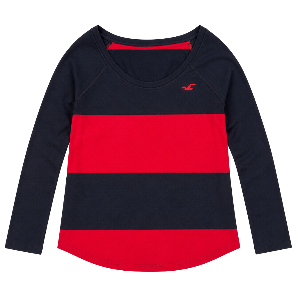 Hollister Red and Navy Blue Striped Long Sleeve Scoop Neck Top Size L 1