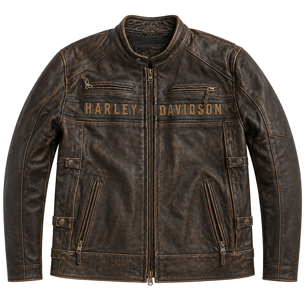 Harley-Davidson Vintage Distressed Brown Leather Motorcycle Jacket with Chest Logo 1