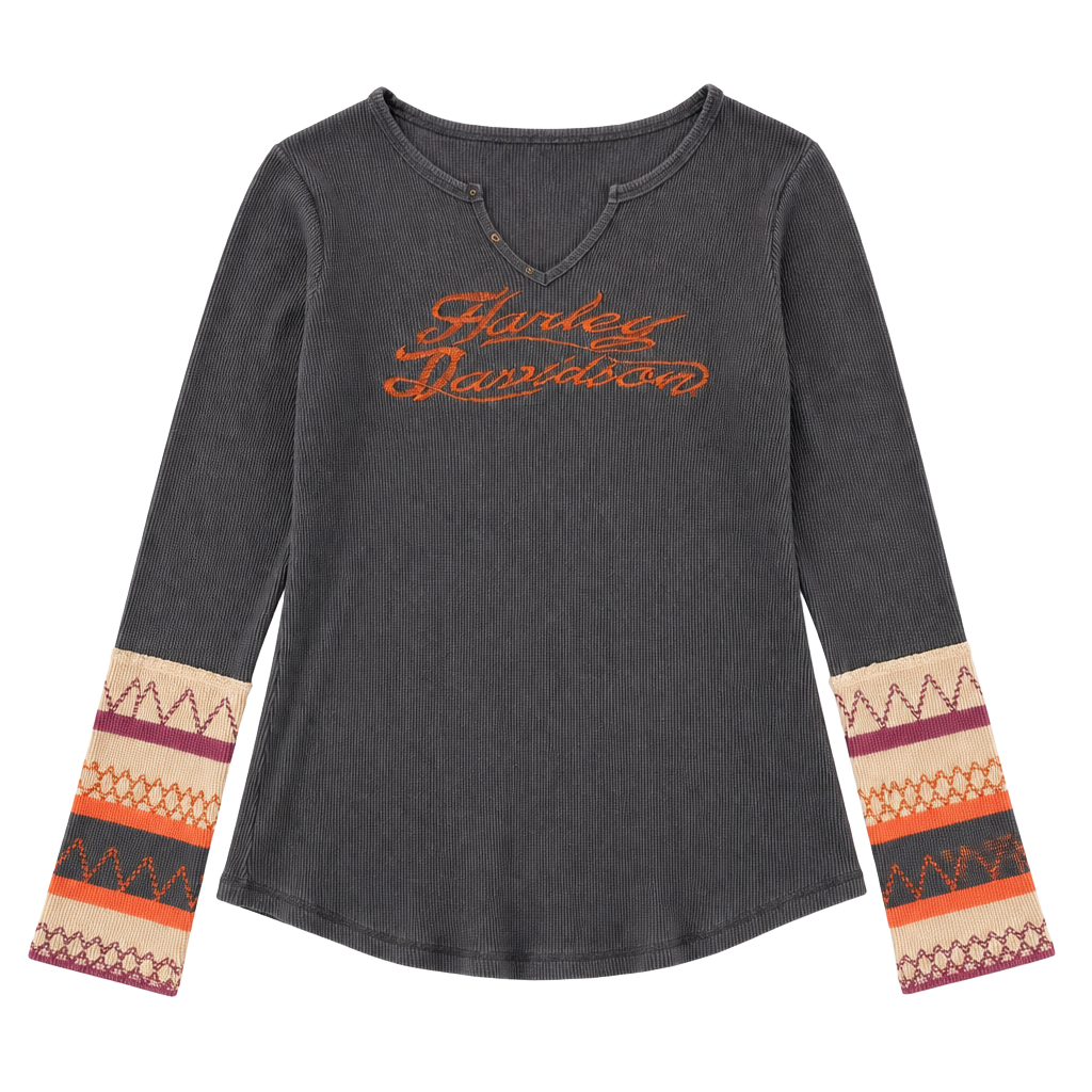 Harley-Davidson Women's Thermal Long Sleeve Henley Shirt Black Size XL 1