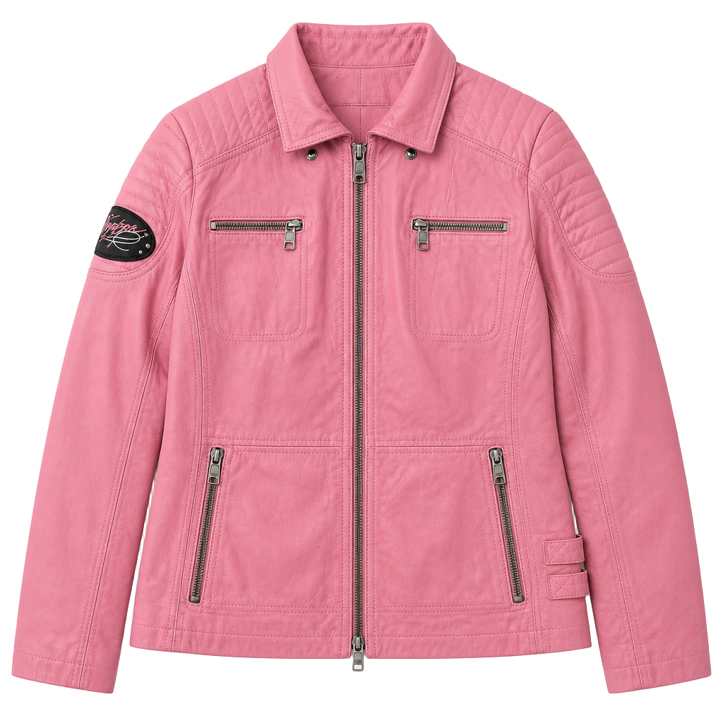 Harley-Davidson Pink Genuine Goatskin Leather Moto Biker Jacket with Hoodie 1