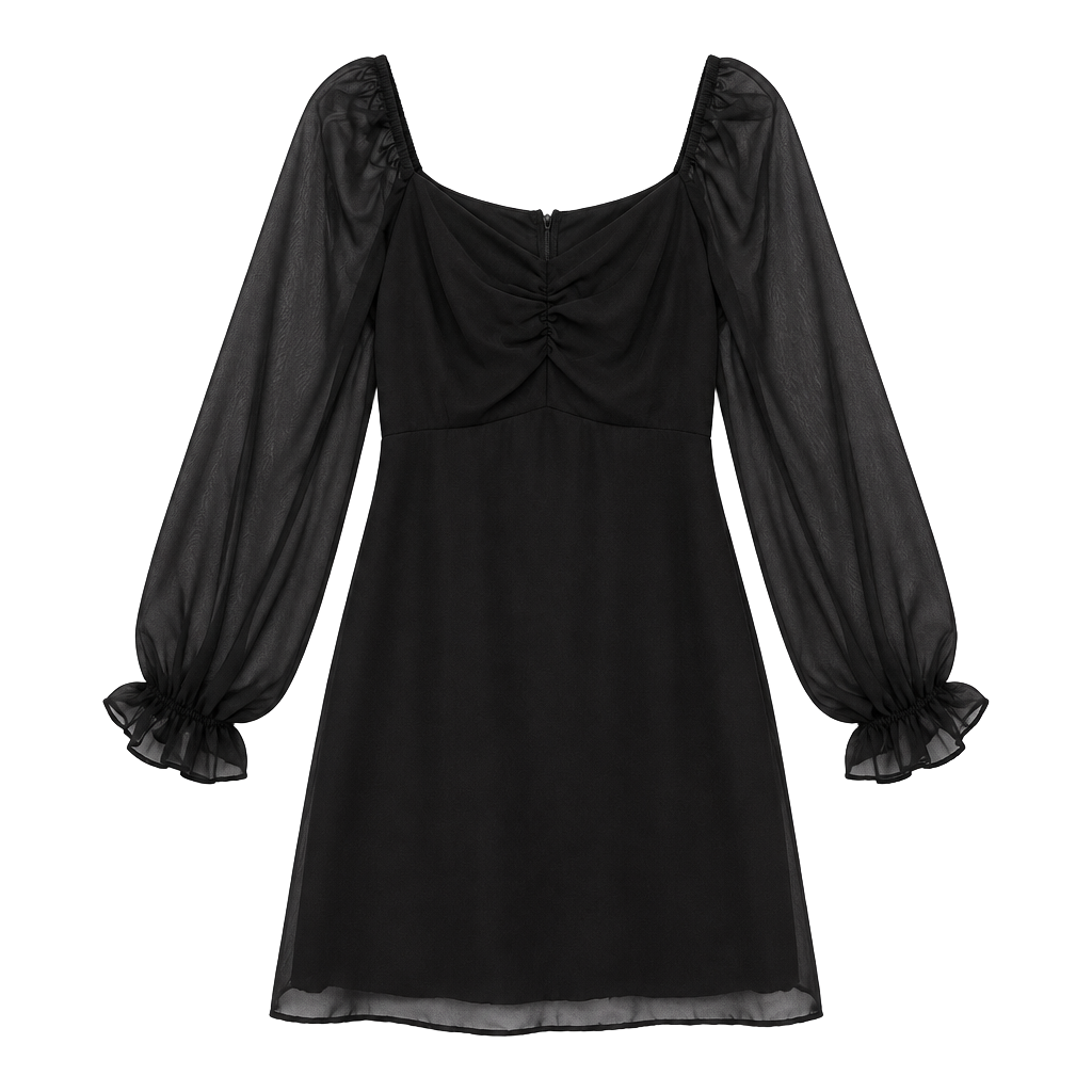 Black Chiffon Long Sleeve Square Neck Dress 1
