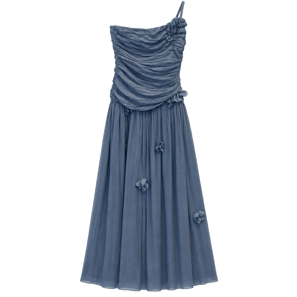 Evening Dress Blue One-Shoulder Ruffled Chiffon Floor Length 1