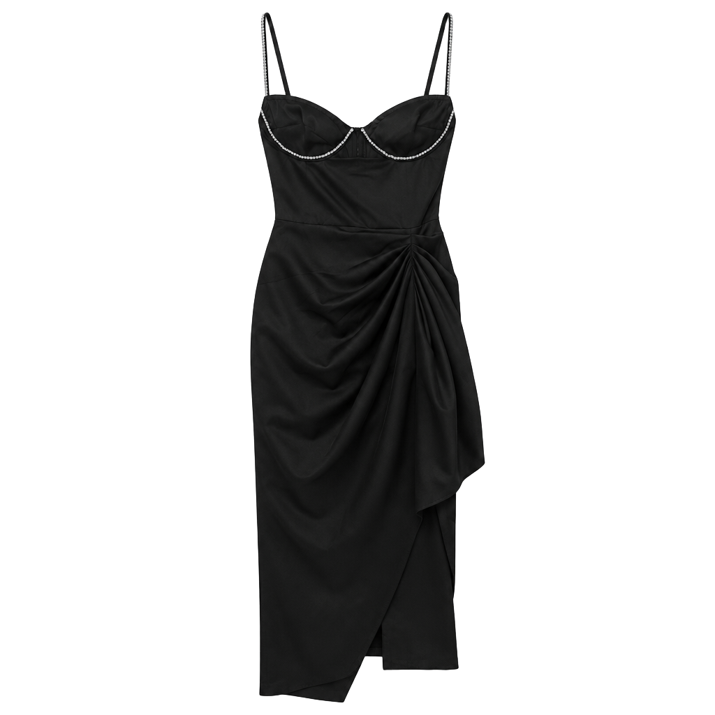 PrettyLittleThing Rhinestone Trim Ruched Satin Dress Black 1