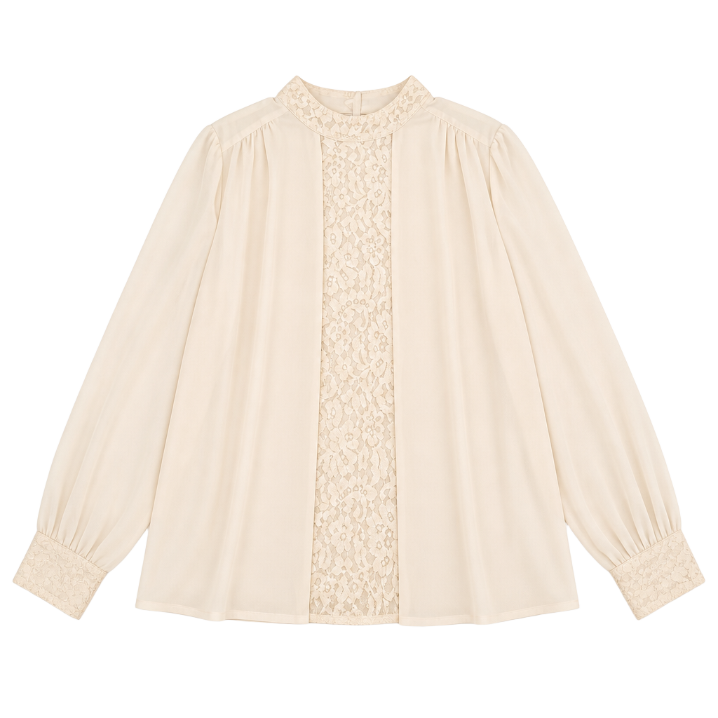 Topshop Cream Chiffon Blouse with Lace Panel Inset and Button Cuffs 1