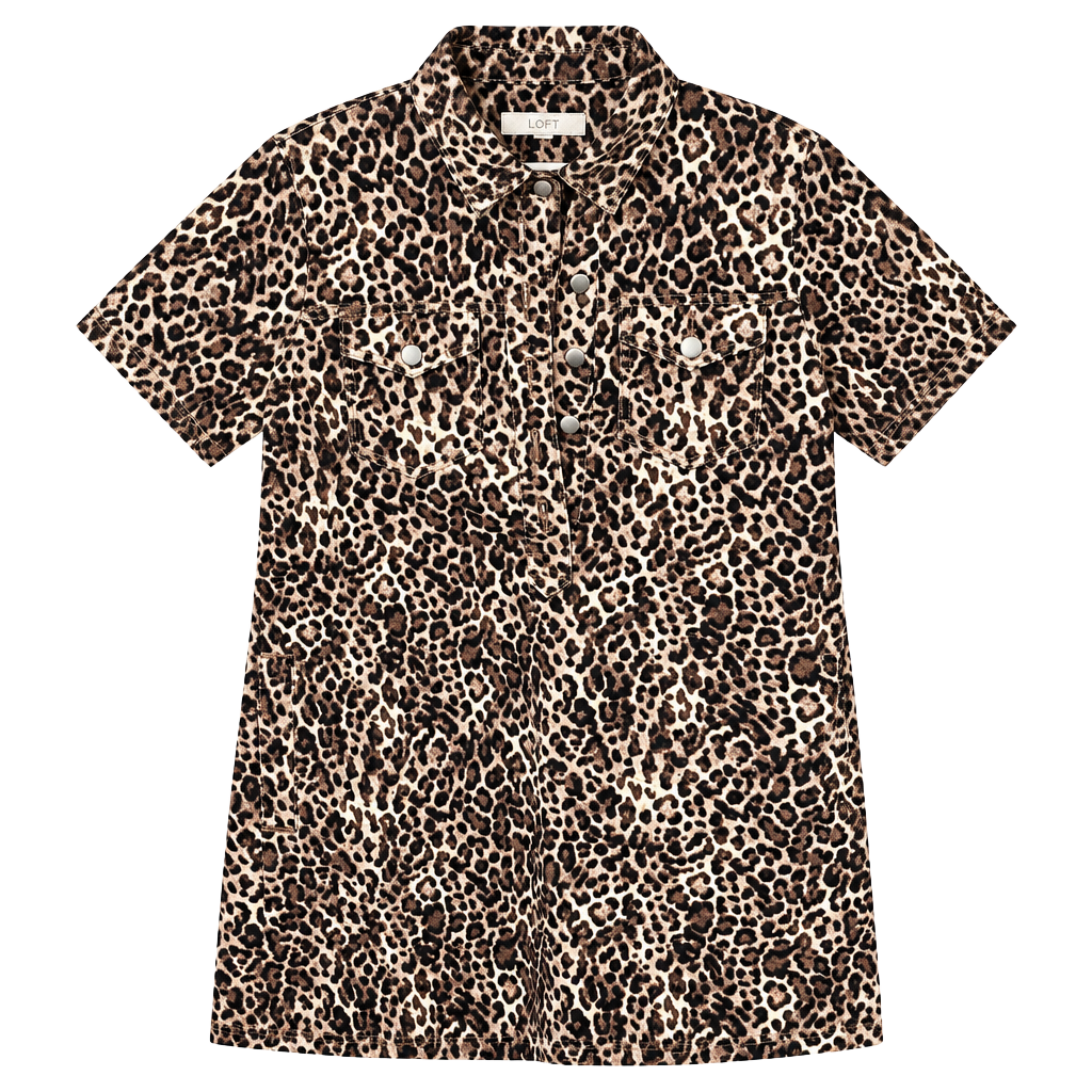 NWT: LOFT Leopard Print Denim Dress Short Sleeve Popover Pocket - Size M 1