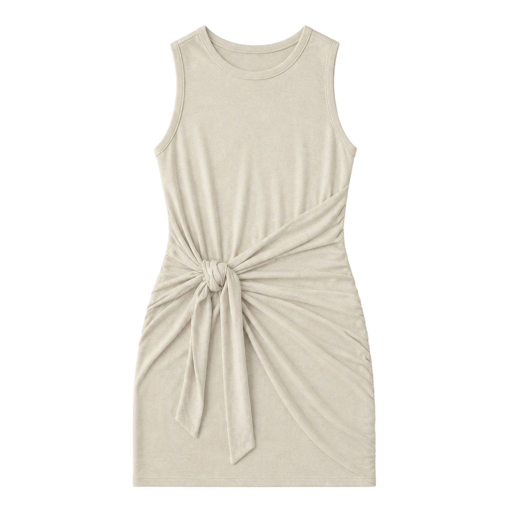 Lillusory Sleeveless Ruched Knot-Front Midi Dress in Beige Size L NWT 1