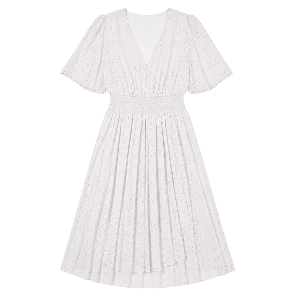 Lovestitch Women's Beige Perforated Dot Pattern Smocked Waist Midi Dress Size L 1