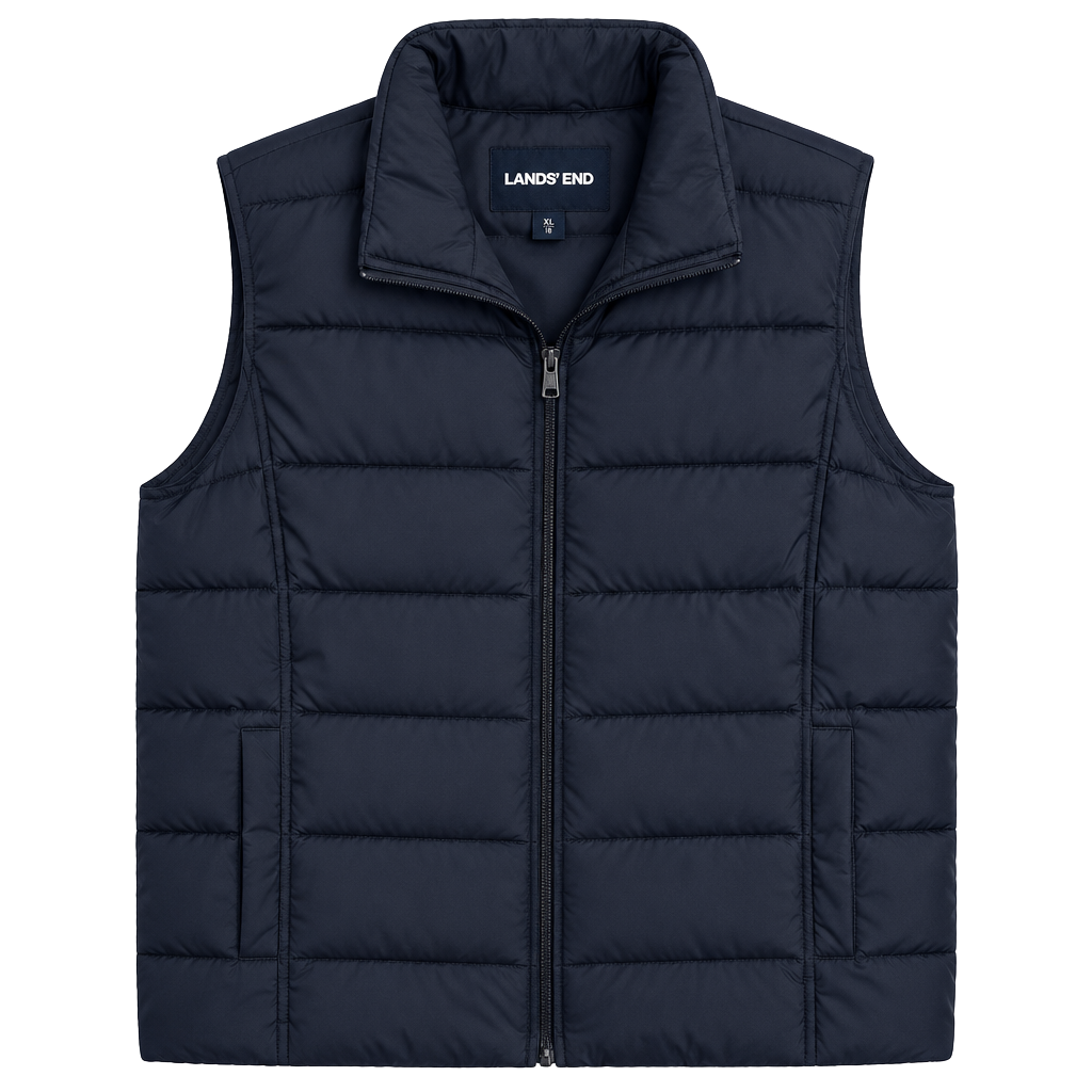 Women’s Lands' End Puffer Vest Size 1X Navy Blue Quilted Full Zip Stand Collar 1