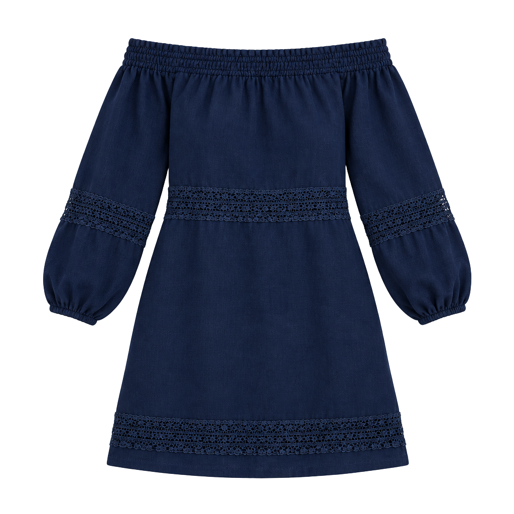 J.Jill Love Linen Dress Size M Petite Navy Smocked Off Shoulder 1