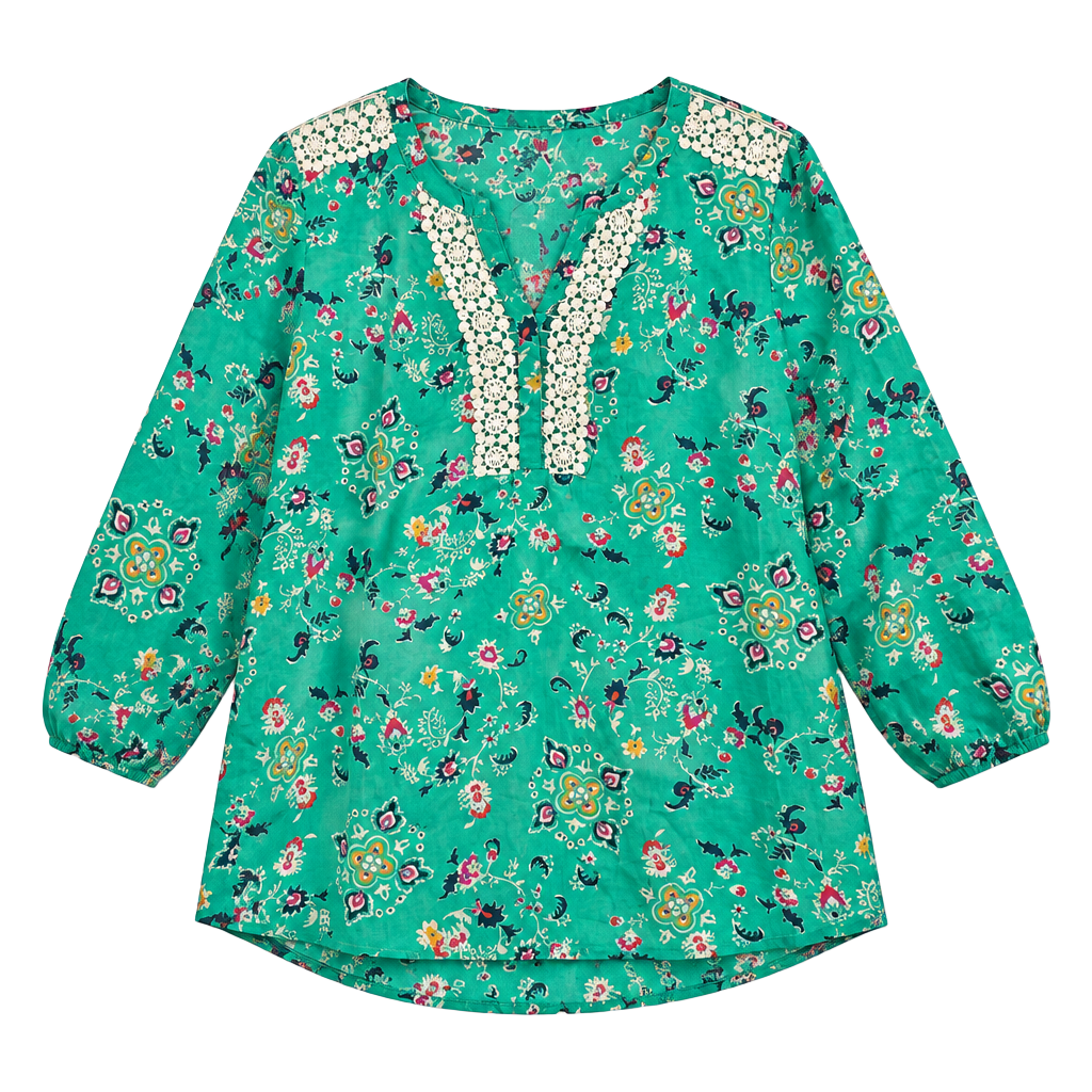 Women’s Red Camel Bombay Road Blouse Size S Green Floral Crochet 1