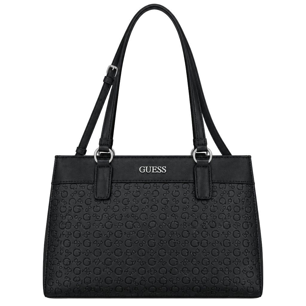 Guess Monogram Black Faux Leather Satchel Tote Bag 1