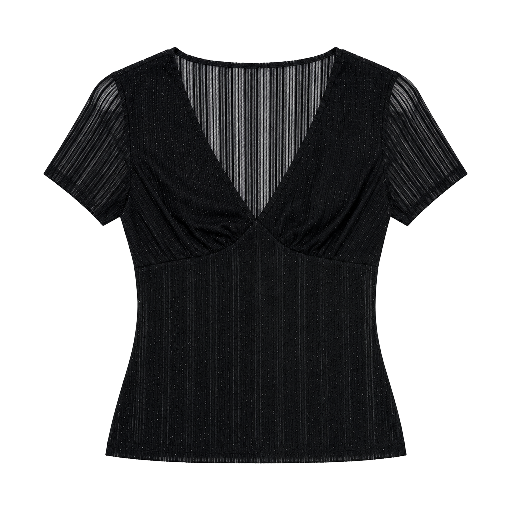 Women's Black Sheer Mesh Deep V-Neck Sequin Striped Short Sleeve Tee Top 1