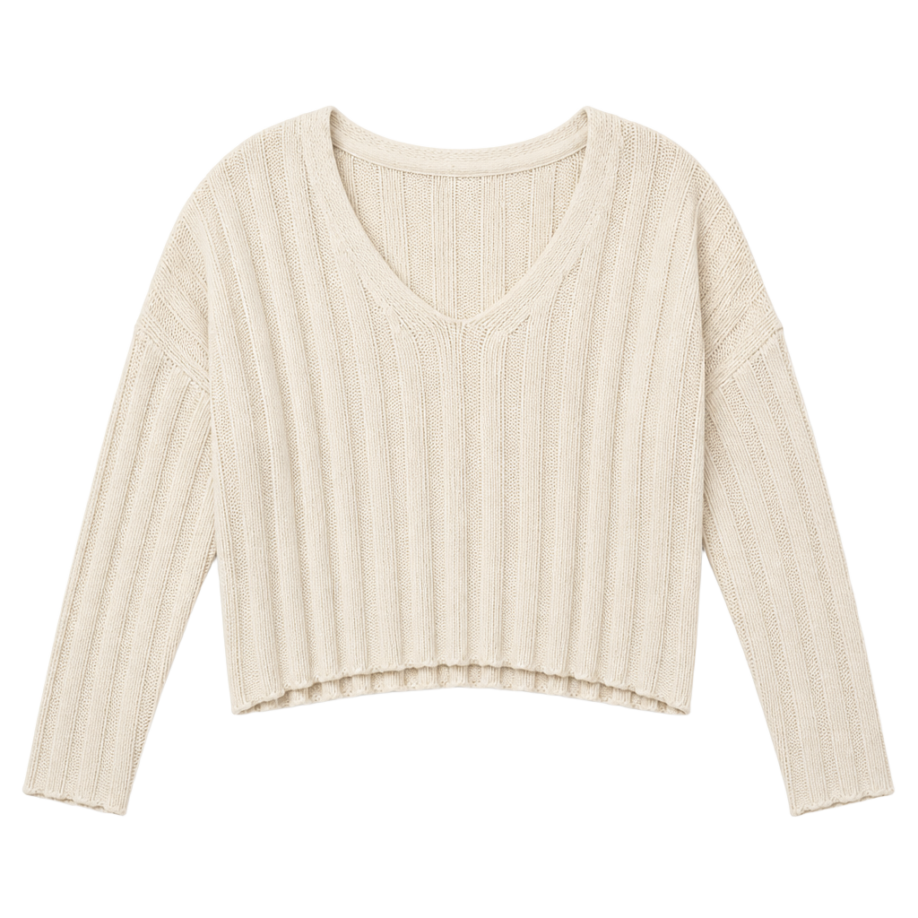 Urban Outfitters Cream V-Neck Ribbed Cropped Knit Sweater 1