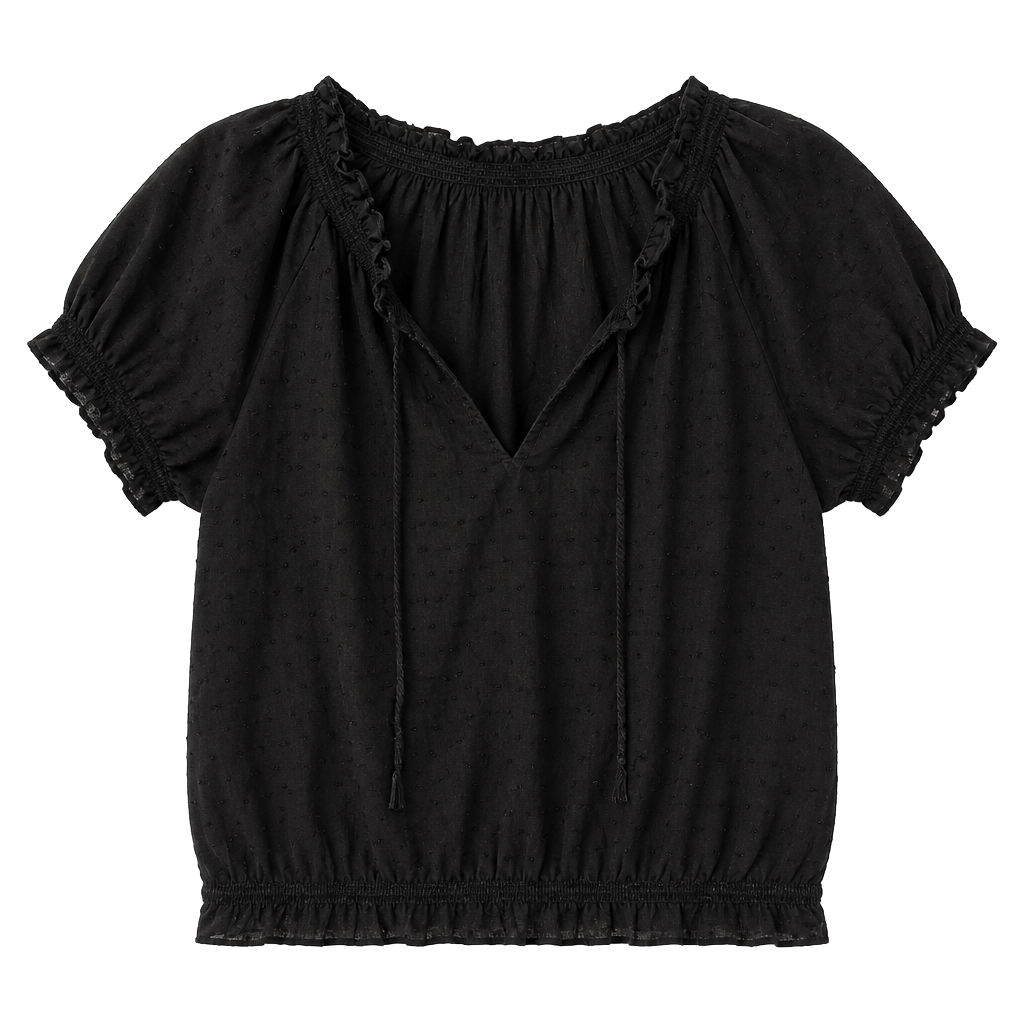 Vintage y2k Caché Women's Black Swiss Dot V-Neck Blouse with Flutter Sleeves 1