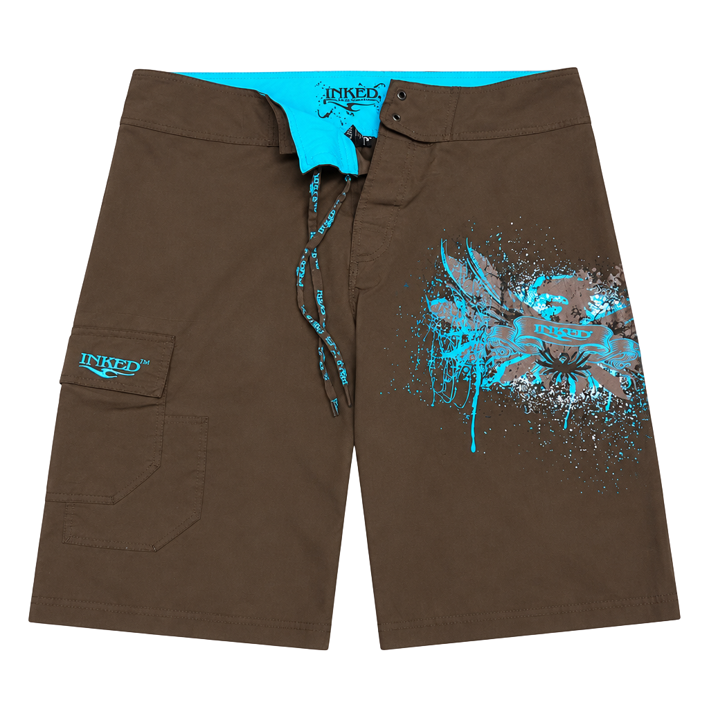 Inked Board Shorts Size 34 Brown Blue Graphic Y2K 1