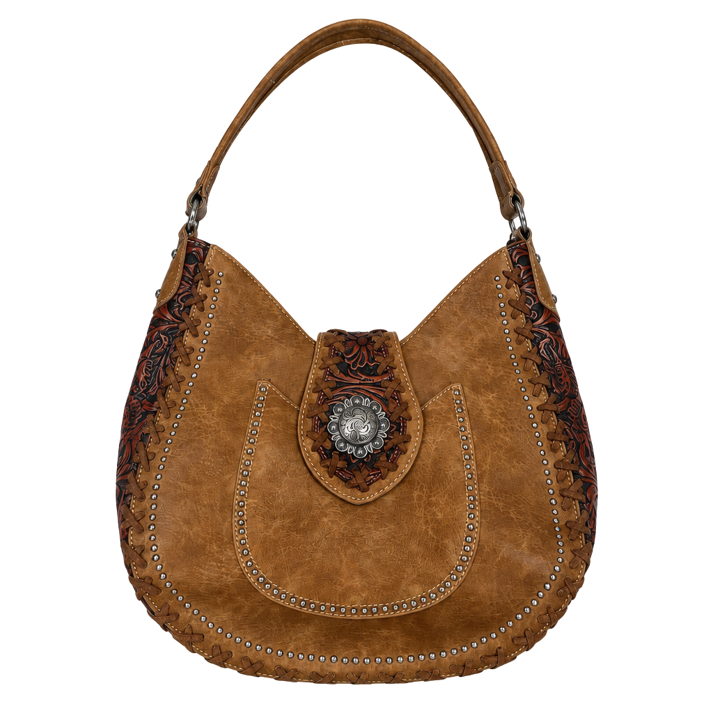 trinity ranch western cowgirl tooled concho studded shoulder bag 1