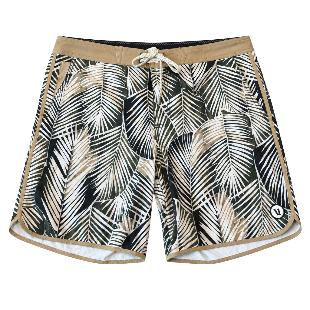 Vuori Cruise Boardshorts Palm Print Swim Trunks Men Size 32 Black Tan Surf V314 1