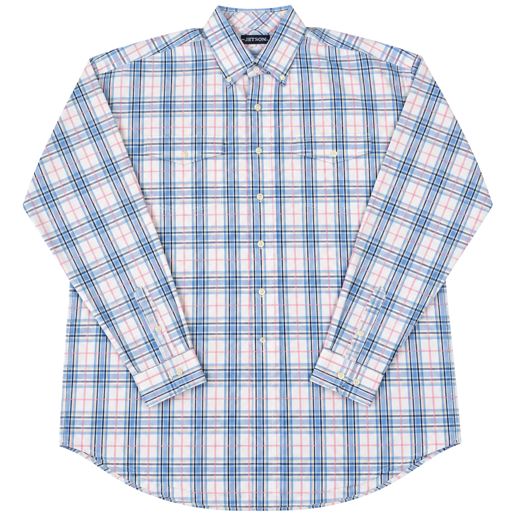 Stetson Western Shirt Large Blue Pink Plaid Long Sleeve Button Down Cotton Mens 1