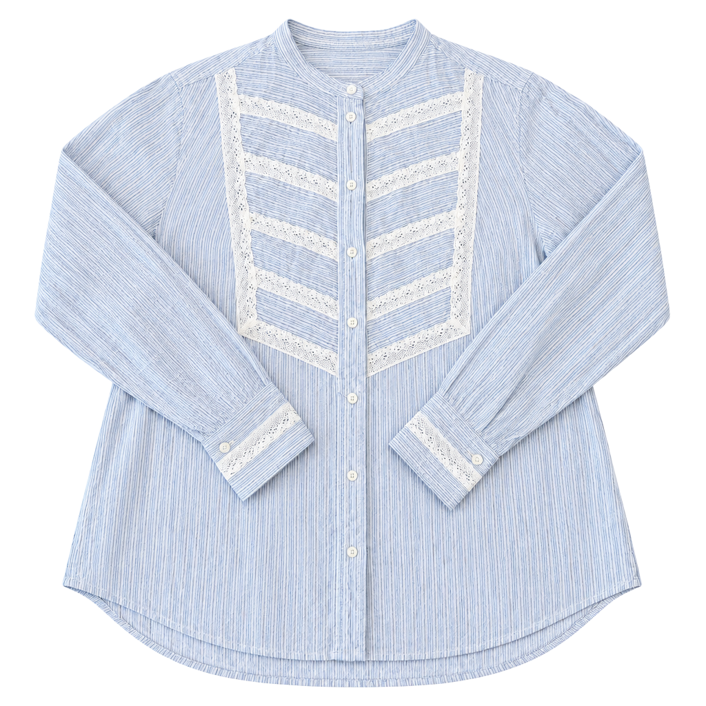 La Vie Rebecca Taylor Lace Inset Pinstripe Button Down Blouse Top Blue White S 1