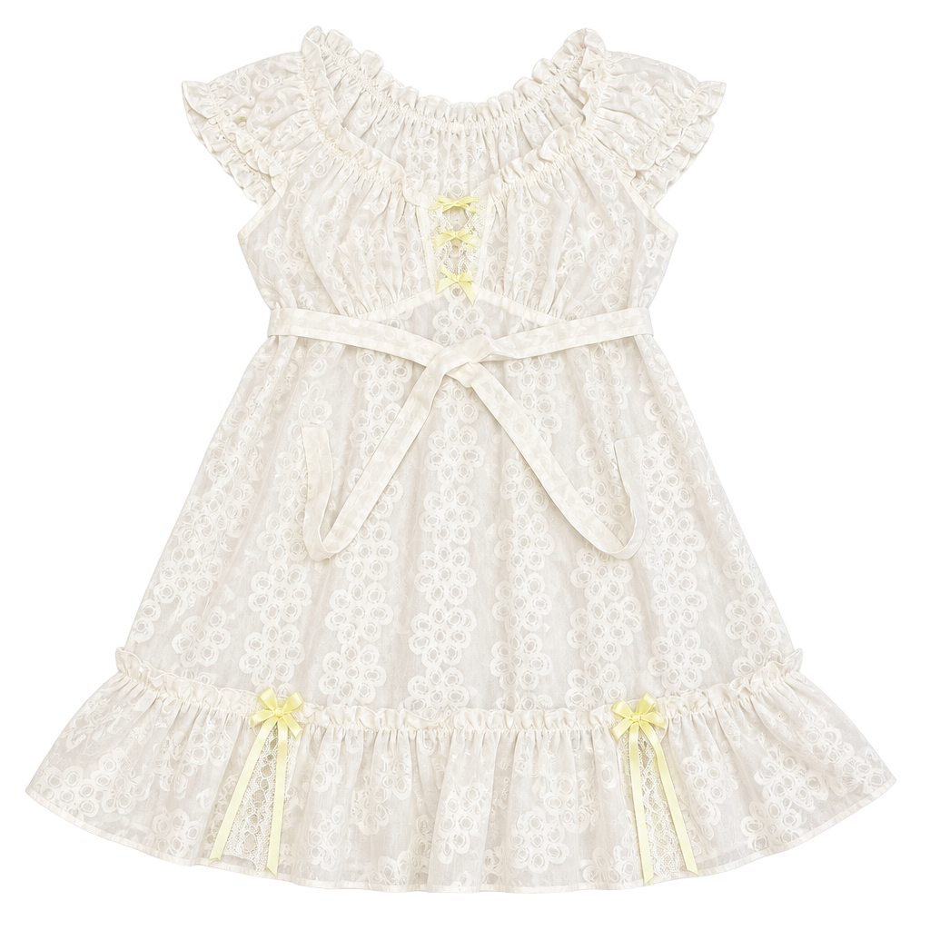 Betsey Johnson Intimates White Floral Embroider Ruffle Chemise w/ Yellow Bows S 1