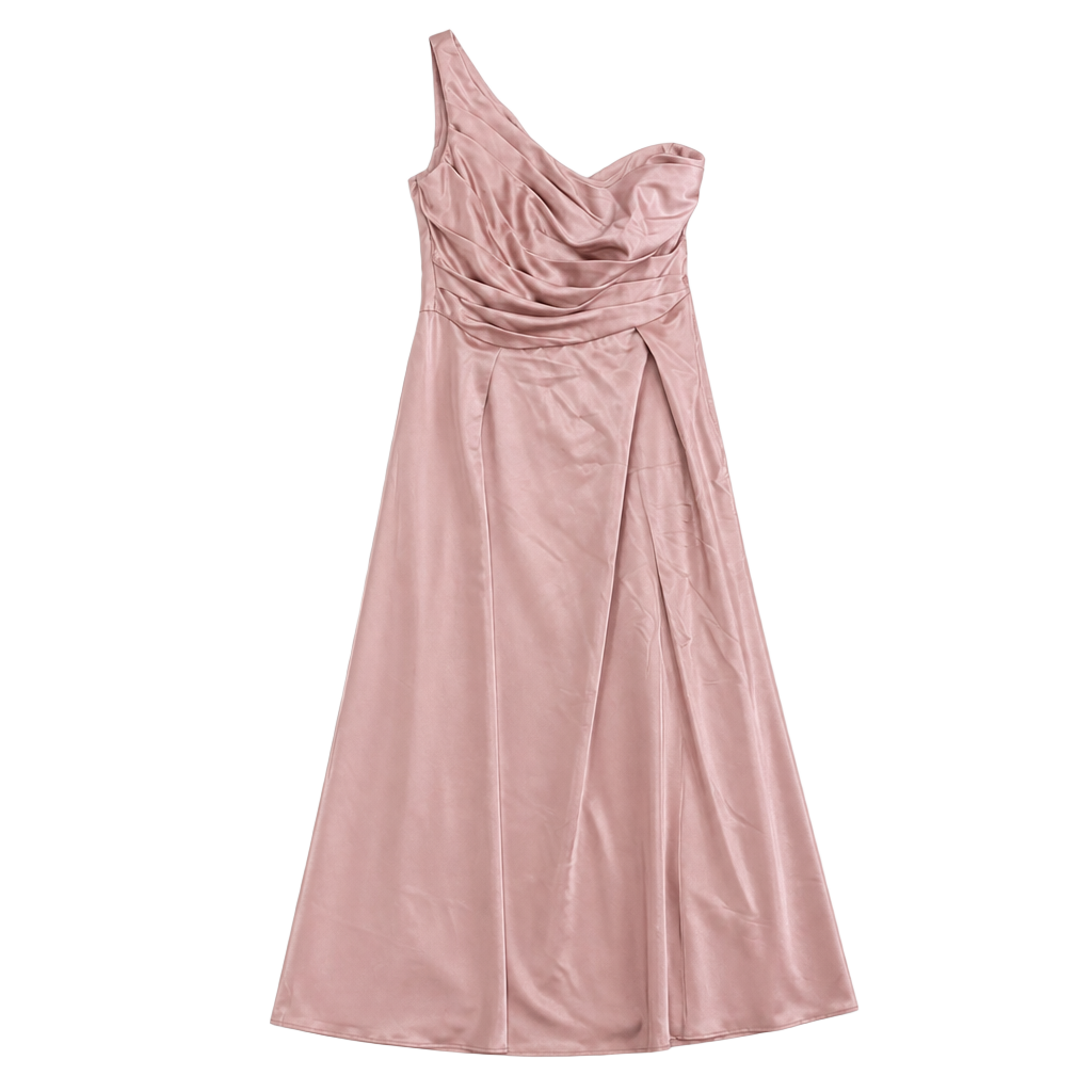 DB Studio Satin One-Shoulder Ruched Ballgown in Sand 1