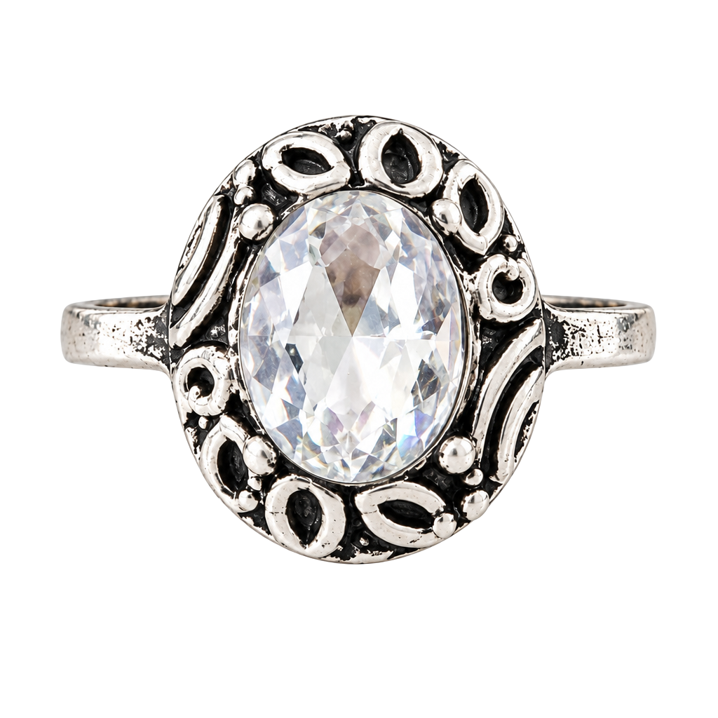 Vintage Style Filigree Oval Crystal Silver-Tone Ring 1