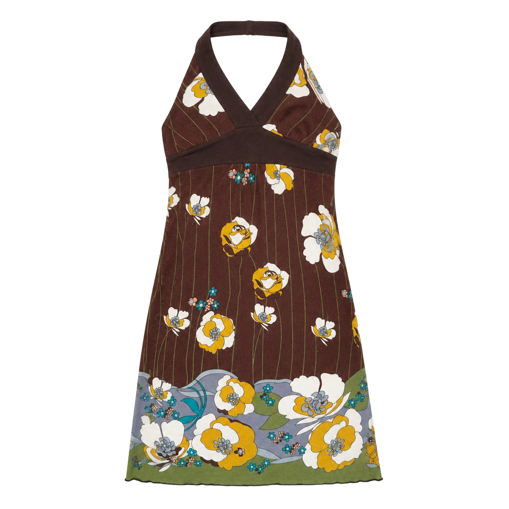 Y2K Brown Floral Halter Dress 1