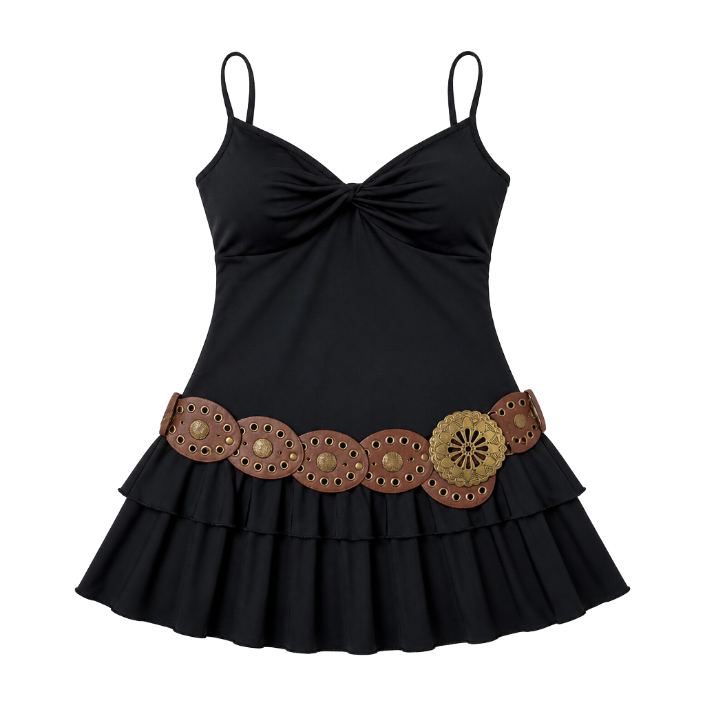 SLD Collection Vintage Black Spaghetti Strap Tiered Ruffle Mini Dress 1