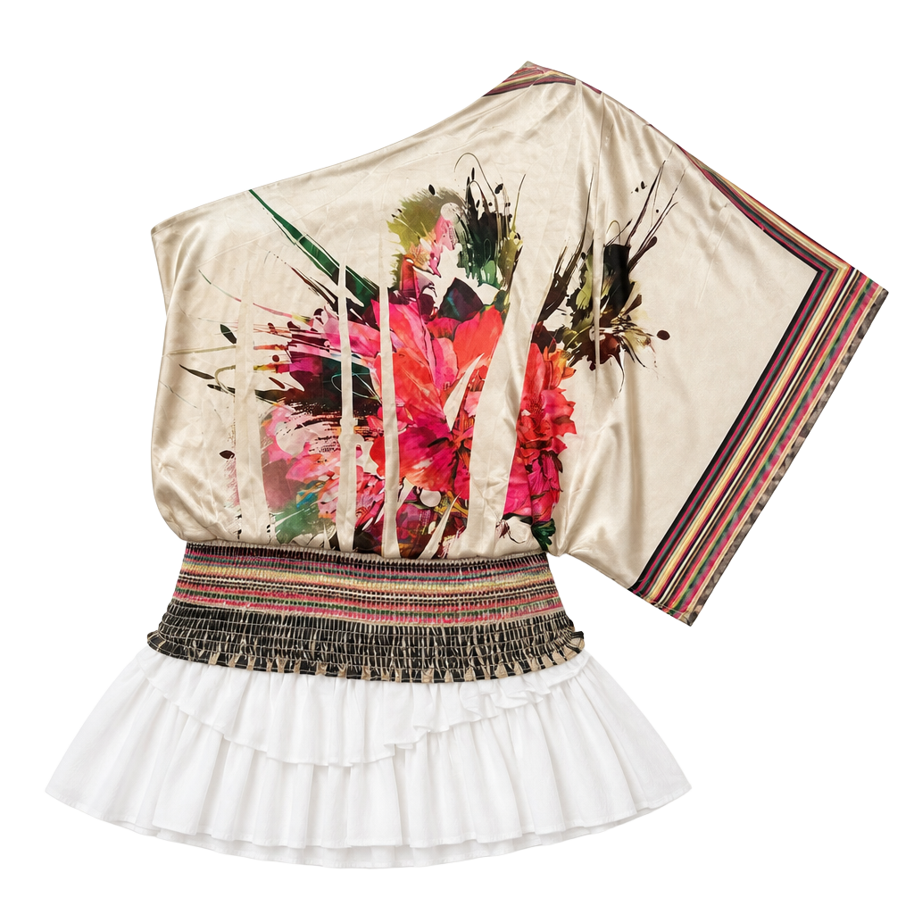 Vintage Y2K Satin One Shoulder Floral Blouse Boho Tropical Resort Party Top 1