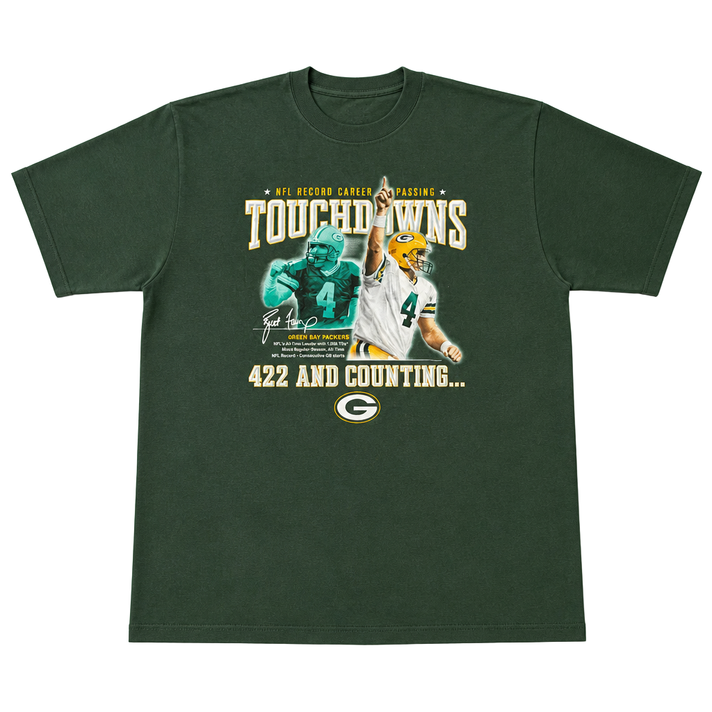 Vintage Reebok Green Bay Packers Brett Favre 422 and Counting Touchdowns Graphic T-Shirt 1