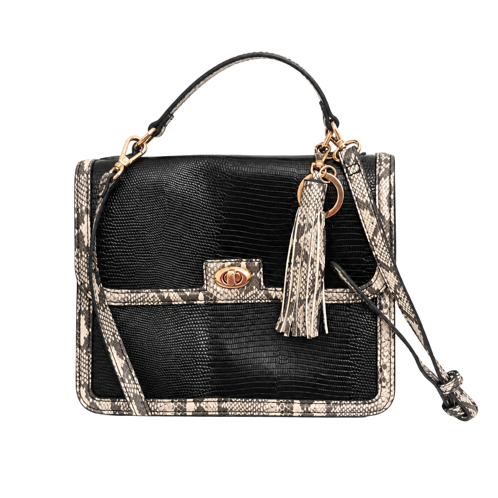 Rachel Zoe Black Faux Snakeskin Satchel Handbag with Gold Tassel Charm 1