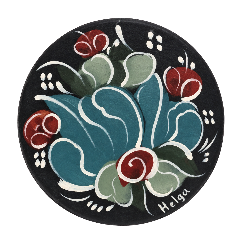 Helga Hand Painted Floral Wooden Brooch Pin Signed Folk Art 1