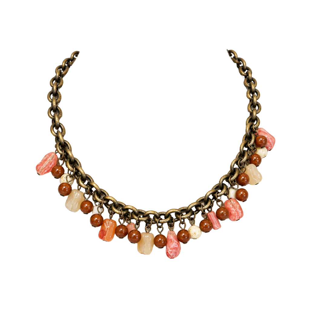 Vintage Brass Tone Pink Brown Beaded Charm Toggle Necklace 1
