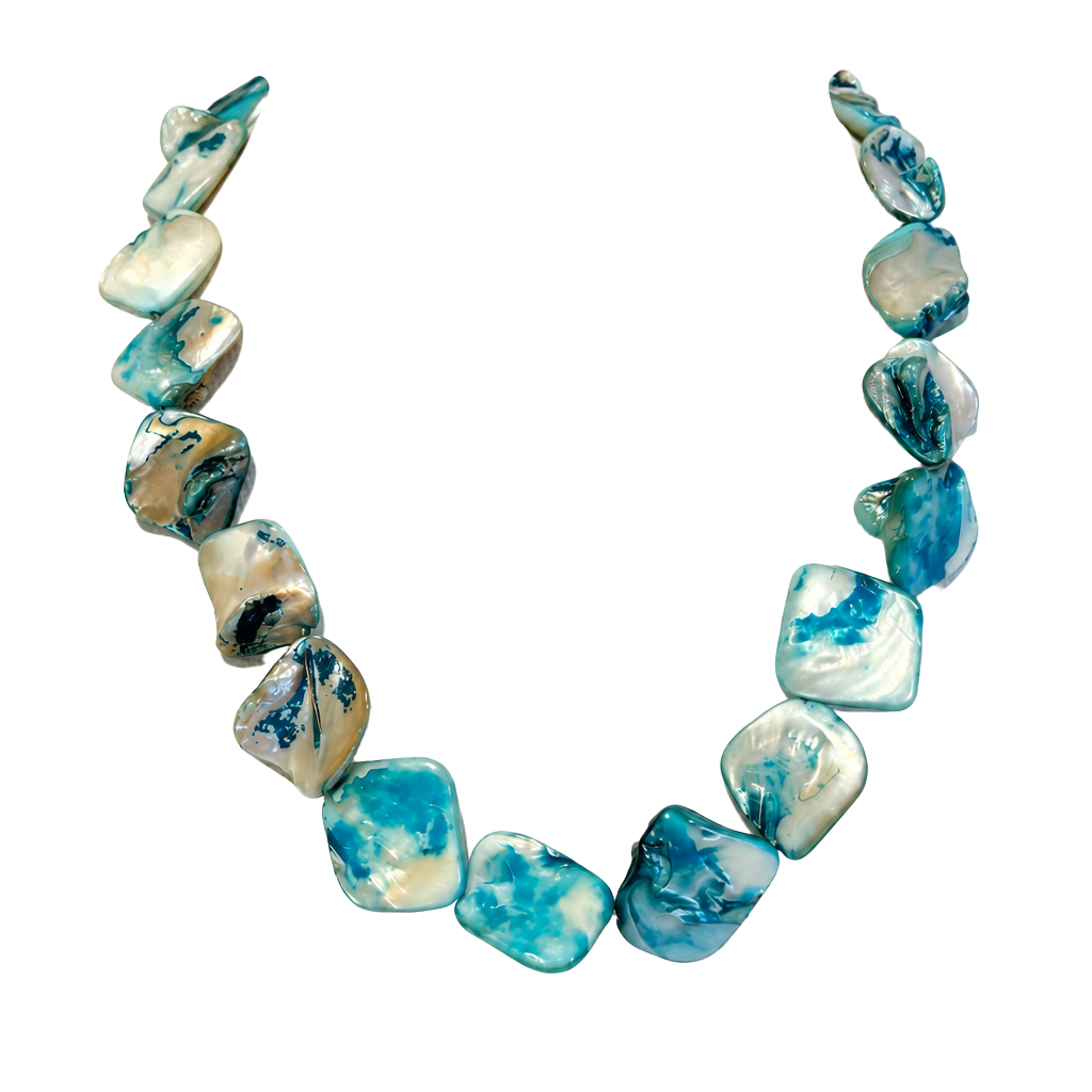 Blue white iridescent Mother Of Pearl Shell Nugget Beaded Necklace 1