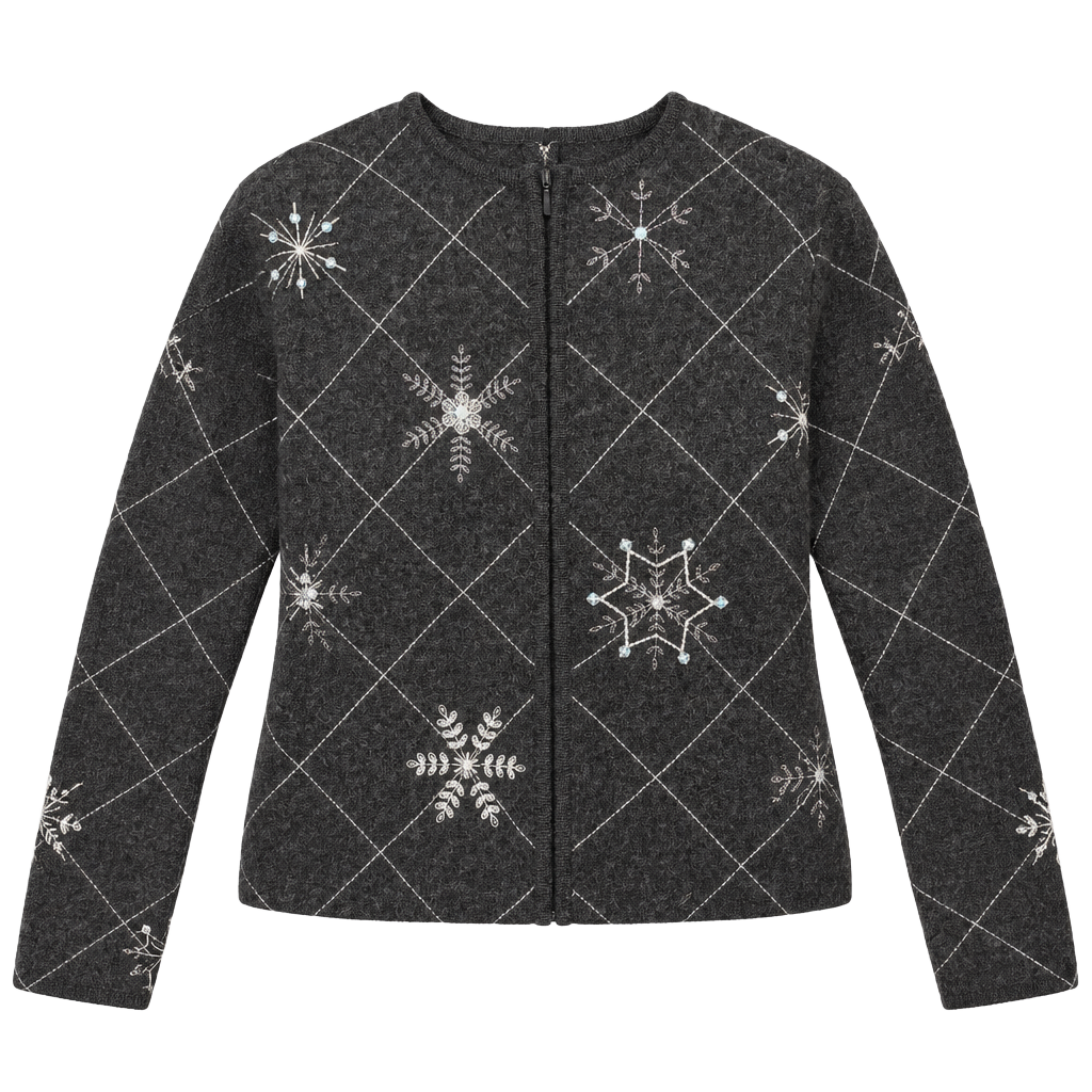 Talbots Cardigan Size PS Gray Wool Beaded Snowflake Zip 1