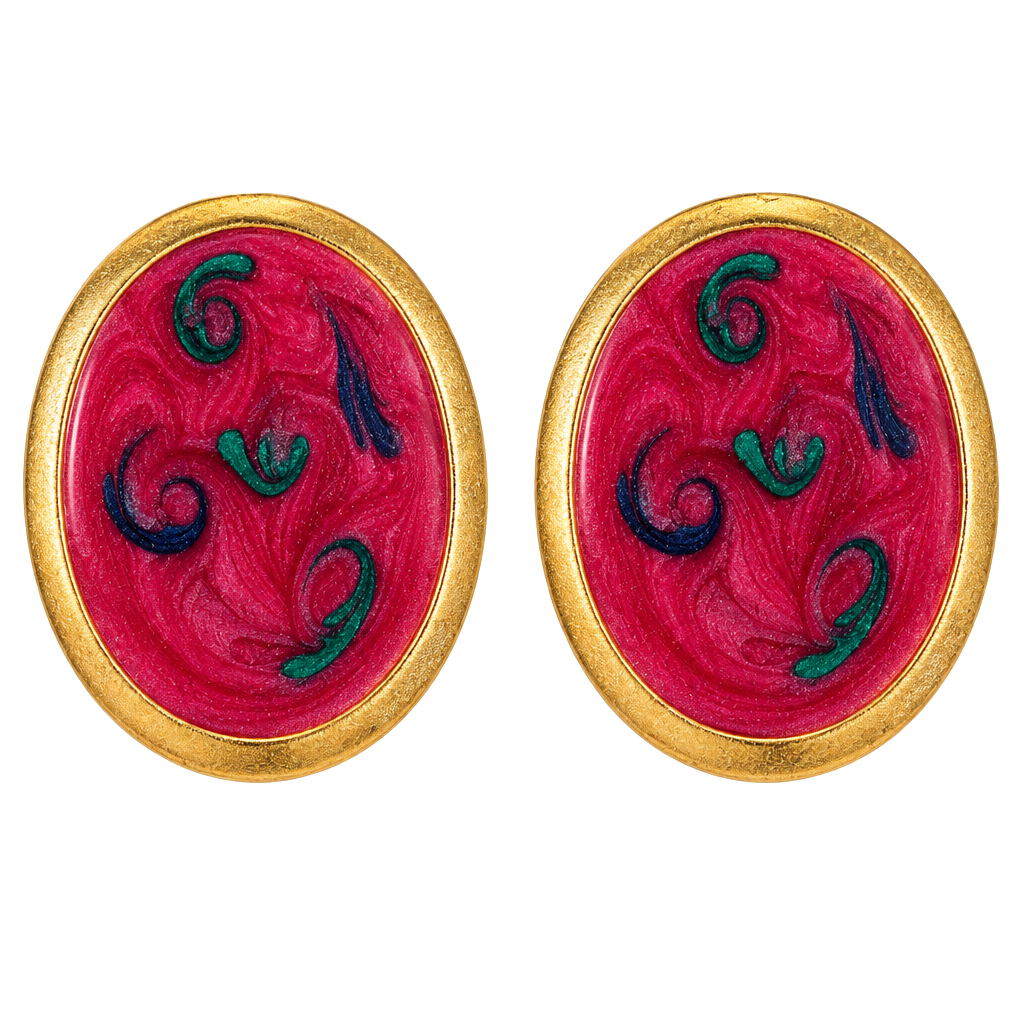 Vintage Gold Tone Red Swirl Enamel Oval Stud Earrings 1