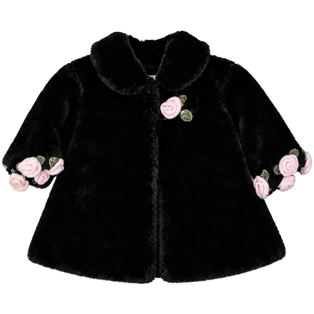 JM Originals Faux Fur Coat Black Pink Rose Accents 1
