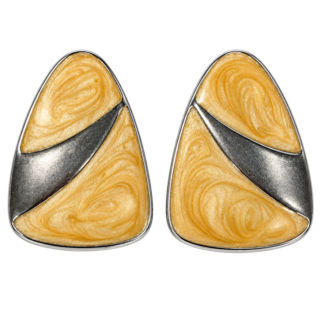 Vintage Triangle Enamel Earrings Silver Tone Cream Swirl 1